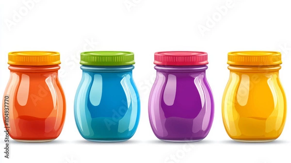 Fototapeta Set of glass jars with screw lids isolated on white background. Vector realistic illustration of color containers for jam, mayonnaise, pesto sauce, honey or paint, canned food storage pot mockup