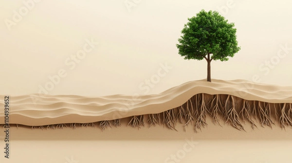 Fototapeta 3D rendering of tree on sand dunes, showcasing roots beneath surface
