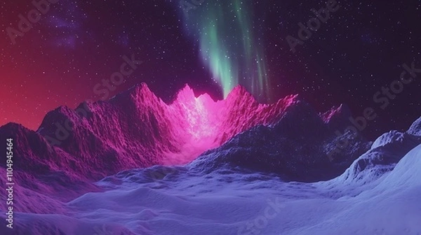 Fototapeta Nighttime view of the northern lights dancing over a snowy mountain range