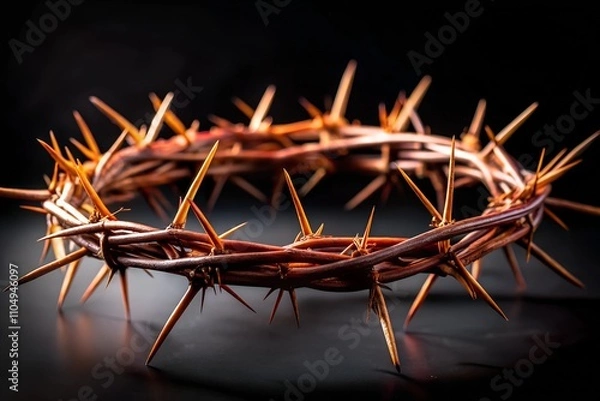 Fototapeta Crown of Thorns Dramatic Close-up on Black Background for Religious Publications, Easter Events, and Spiritual Art