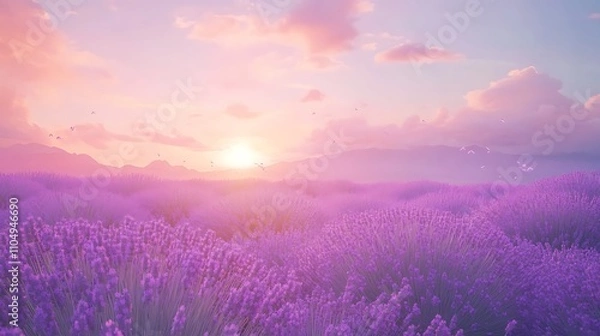 Fototapeta A dreamy view of lavender fields in full bloom under a soft purple and pink sunset sky