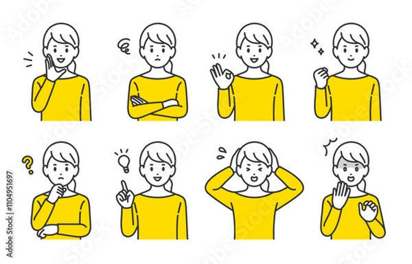 Obraz いろいろな表情やポーズをする若い女性のセット【人物ベクターイラスト素材】