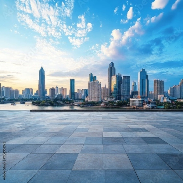 Fototapeta City skyline with aerial view of riverfront, urban waterfront district, scenic cityscape