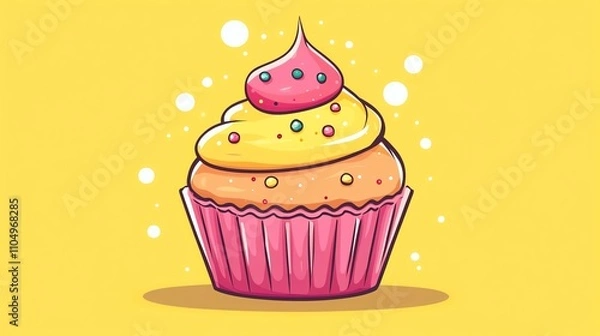Fototapeta A cartoon cupcake with pink frosting and a cherry on top.