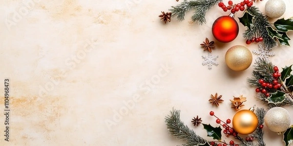 Fototapeta Festive Christmas Background with Gold and Red Ornaments, Holly Leaves, Pinecones, and Snowflakes on Textured Beige Surface – Holiday Design Template, Banner