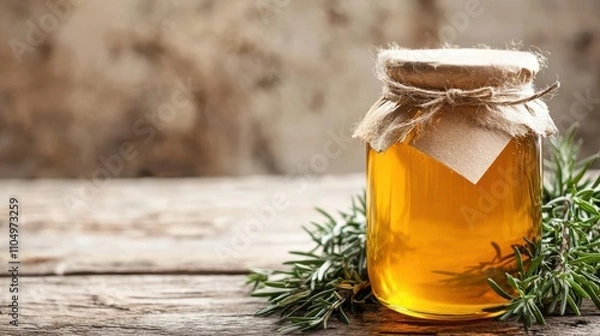 Obraz Rustic Honey Jar on Wooden Counter with Herbs