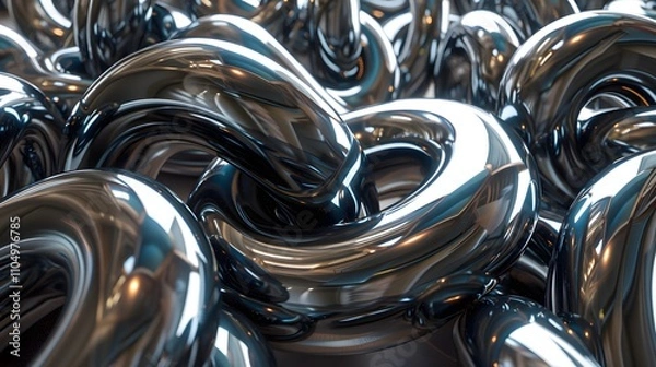 Fototapeta Abstract metallic chain links, chrome texture, reflective surface, interconnected loops, close-up.