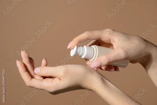 Obraz Female hand holds a bottle with dispenser with cosmetic serum. Natural cosmetic product for skin purity and hydration. Unmarked bottle with product for face skincare on beige background close-up
