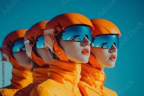 Fototapeta A frame from the music video, three beautiful women in orange futuristic helmets with holographic glasses and made of fabric stand next to each other