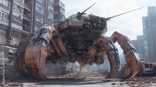 Obraz Massive Mechanical Creature Amid Crumbling Cityscape