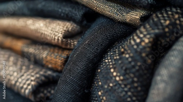 Fototapeta A close up of a stack of dark blue fabric.