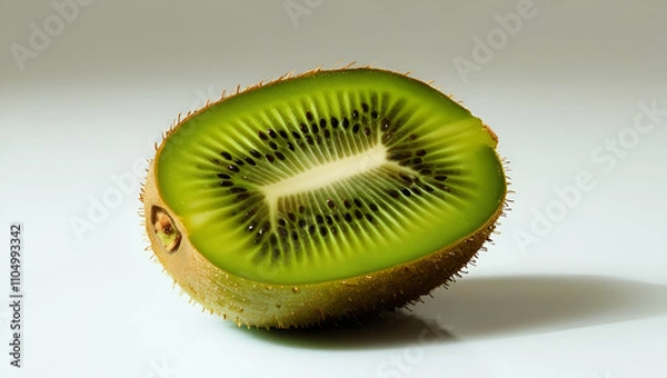 Fototapeta a minimalistic yet detailed image of a kiwi fruit, including one cut in halves, with its vivid green center isolated against a pure white background.