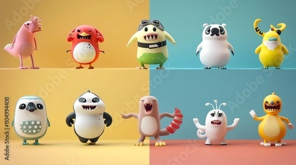 Fototapeta A group of cute, cartoon-style, 3D creature figures with yellow and blue backgrounds.