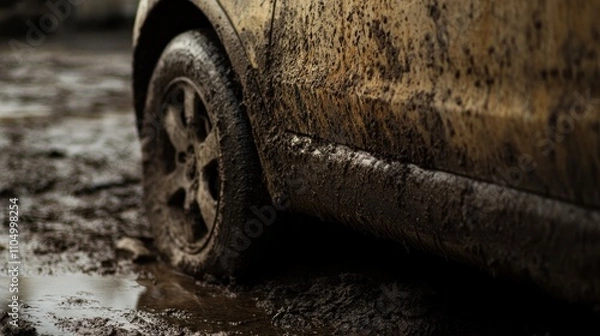Fototapeta A muddy tire of a vehicle stuck in wet terrain.