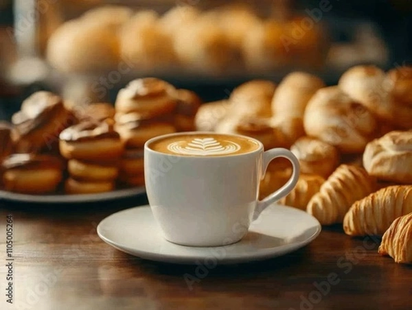 Fototapeta A delicious cup of coffee served with assorted pastries for a delightful breakfast.
