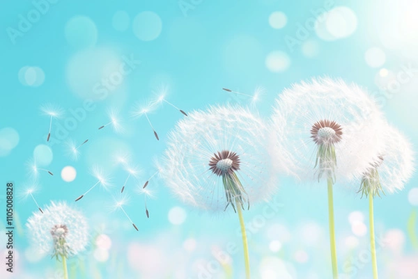 Obraz 明るい青空を背景にたんぽぽの綿毛が風に舞う