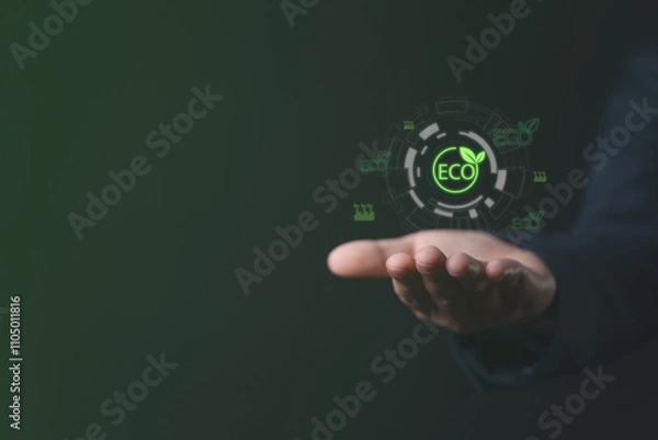 Fototapeta Certified eco products analyzed on a virtual screen as a businessman selects pollution-free items, driving sustainable solutions and ethical practices to save the planet