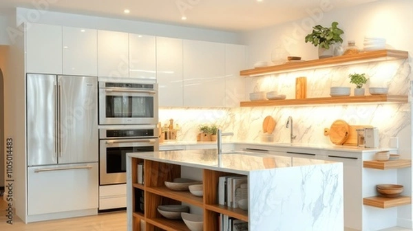 Fototapeta A bright kitchen with glossy white cabinetry, soft under-cabinet lighting, and a marble waterfall island, featuring wooden open shelving and integrated appliances.