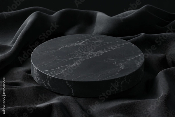 Obraz 3D render illustration of a minimal abstract mockup background with a top view of a black stone podium on black fabric for product presentation