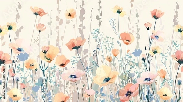Fototapeta A colorful floral pattern with various flowers and foliage on a cream background.