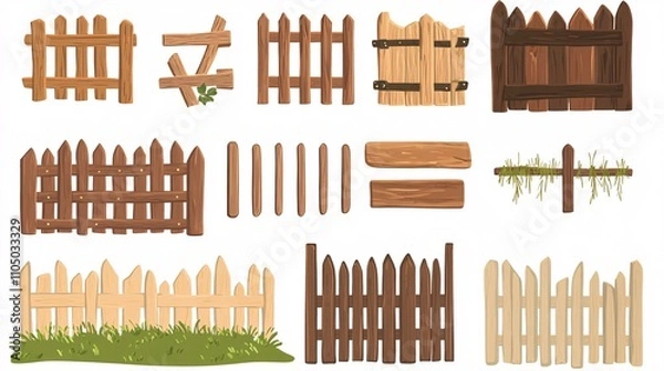 Fototapeta 96.A cartoon illustration of various wooden fences, each featuring a unique style such as picket, post-and-rail, and paneled sections, all drawn in a flat style. These simple but decorative elements