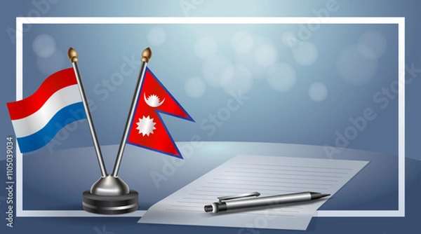 Fototapeta Netherlands and Nepal Small national flag on bokeh background, cooperative relationship