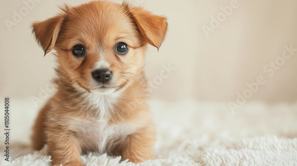 Obraz Adorable small puppy look at the camera and sitting on white floor