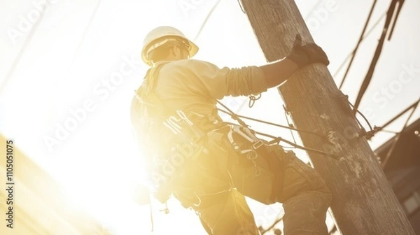 Obraz Worker on Electrical Pole with Safety Harness