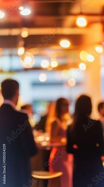 Fototapeta Dynamic networking event with business professionals and warm lighting ambiance