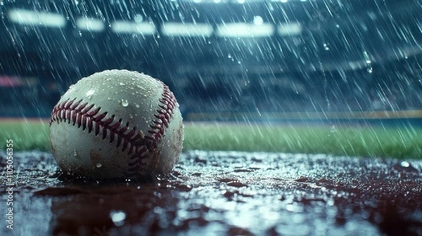 Fototapeta A baseball resting on a wet surface during rain at a stadium.
