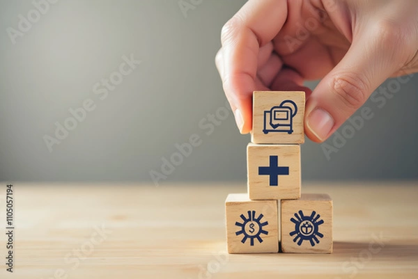 Fototapeta Health Insurance Concept, Hand arranging wood cube stacking with icon healthcare medical on wood background, copy space, financial concept.