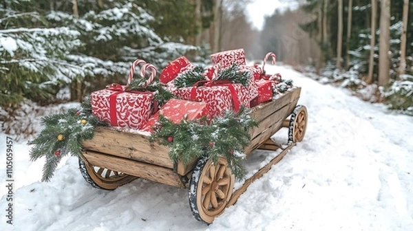 Fototapeta Winter Wonderland Delivery: A rustic wooden sleigh overflowing with festively wrapped gifts, adorned with evergreen branches and candy canes, traverses a snow-covered path through a winter forest.