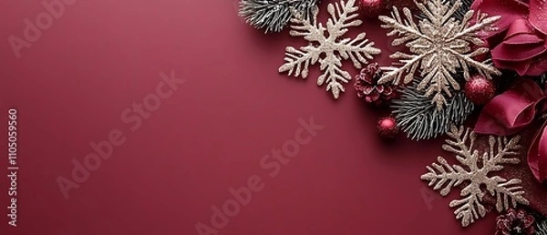 Fototapeta Festive Red Background with Christmas Decorations:  A minimalist festive background with a touch of elegance. The rich red backdrop is adorned with delicate silver snowflakes, sparkling ornaments.