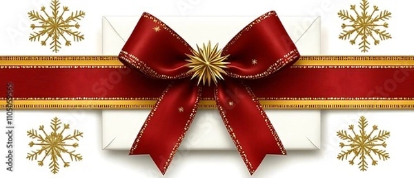 Fototapeta Gift Wrapped Holiday Cheer: A festive, red ribbon with a golden bow adorns a gift box, surrounded by delicate snowflakes, evoking a sense of warmth and joy.  