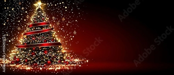 Fototapeta Christmas Tree Sparkle: A majestic Christmas tree, adorned with golden ornaments and a vibrant red ribbon, glows with festive cheer.