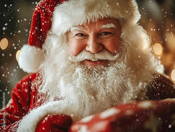 Fototapeta Santa's Joyful Arrival: A portrait of Santa Claus, his jolly face dusted with snow, holding a gift.  The warm lighting and falling snow create a magical Christmas scene. 