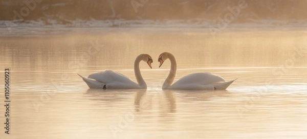Fototapeta Two Swans Forming a Heart Shape on a Misty Lake at Sunrise