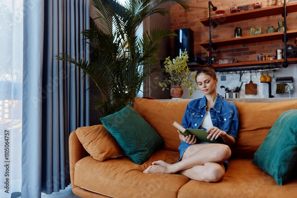 Fototapeta Woman relaxing on orange couch reading book in front of window in cozy living room interior