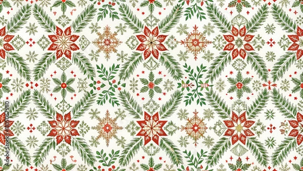 Fototapeta Seamless Christmas pattern with stylized trees,flowers and berries.Timeless vintage Scandinavian ornament on white background to create a joyful and festive atmosphere in your projects.