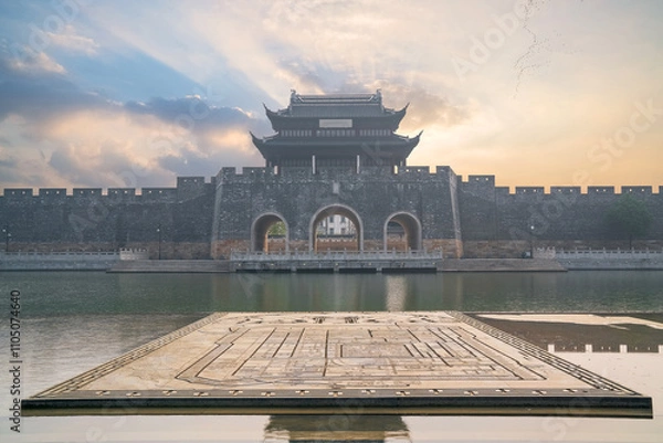 Obraz Beautiful scenery of the ancient city wall ruins and moat and bridge in Suzhou, Jiangsu Province, China