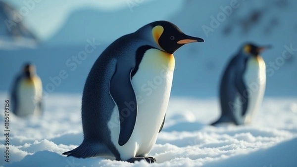 Obraz Create a close-up of a penguin on ice, highlighting its black and white feathers, bright eyes, and curved beak. Soft light enhances its charm and resilience in the cold, serene environment.