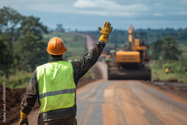 Fototapeta construction worker waves on road construction site, wearing safety vest and helmet. Heavy machinery is visible in background, showcasing active work environment
