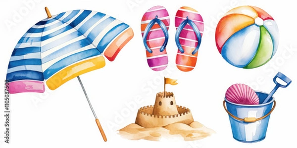 Fototapeta Summer Fun Watercolor Collection: Beach umbrella, flip-flops, beach ball, sandcastle, bucket, and spade. Perfect for summer designs and invitations.  