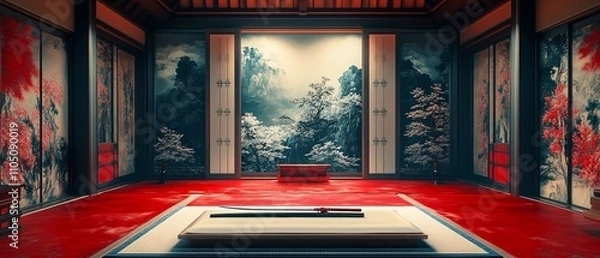 Obraz Ultrawide display of a beautifully crafted katana sword in a traditional Japanese room, set against vibrant wall paintings and classic decor.