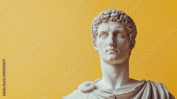 Fototapeta A white marble bust of a young man in classical style, against a yellow background.
