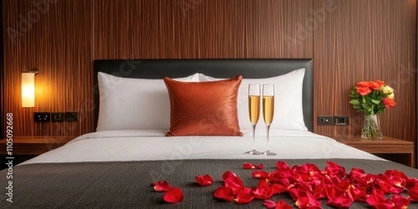 Fototapeta A cozy hotel room featuring a neatly made bed adorned with rose petals, champagne glasses, and a bouquet, creating a romantic atmosphere.