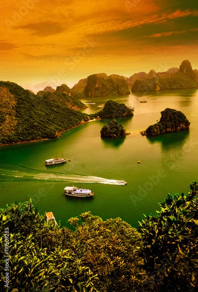Fototapeta HALONG bay in sunset in vietnam. UNESCO World Heritage Site. This view from TiTop island and its most popular view for travel in Halong bay.
