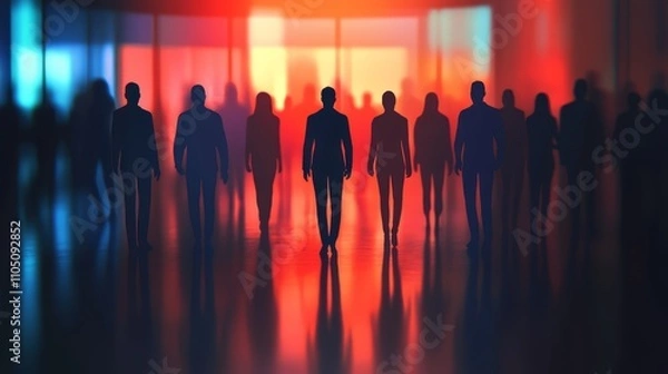 Fototapeta Silhouetted Figures Walking Through Neon City at Night