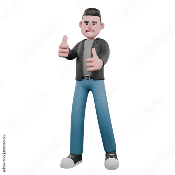 Fototapeta Creative 3D Model. A male screenwriter stands with both hands giving thumbs up, wide smile expression. Creative 3D Model