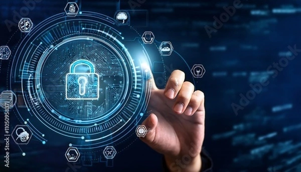 Fototapeta Hands interacting with futuristic digital icons representing risk management and safety on a dark background.